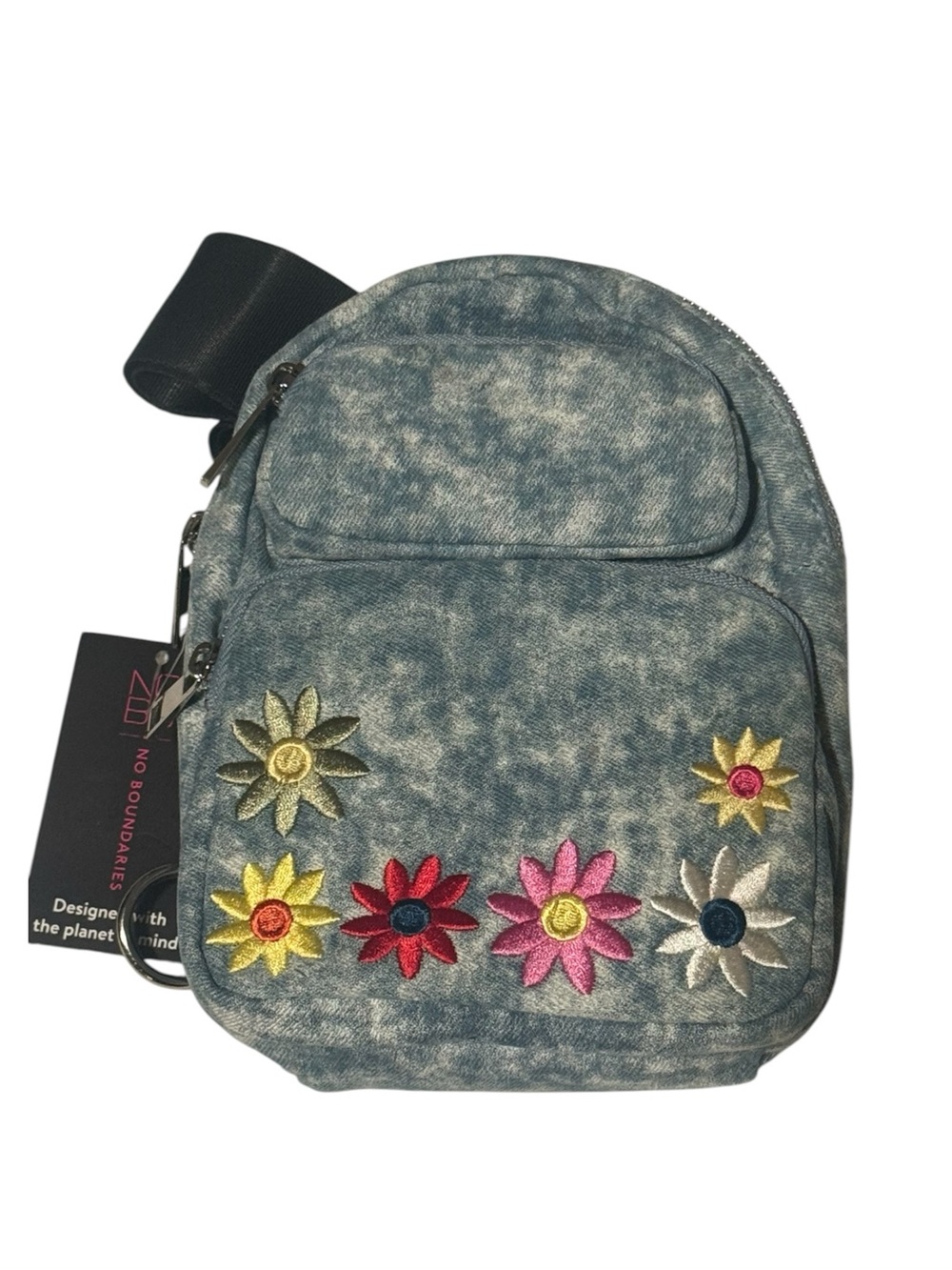 No Boundaries Blue Denim-Style Mini Backpack with Colorful Flower Embroidery NWT